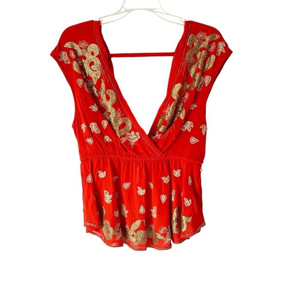 Free People Ooh La La Sequin Embroidered Blouse Orange Gold size small - Picture 4 of 10